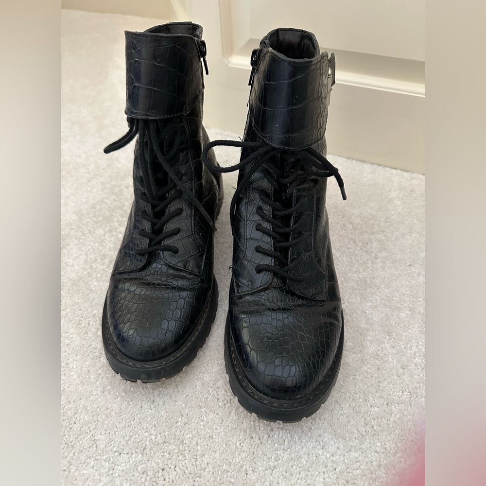 Black Croc-Embossed Combat Boots